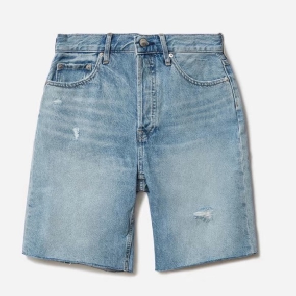 EVERLANE The Jean Cheeky Long Denim Distressed Shorts - Picture 2 of 9